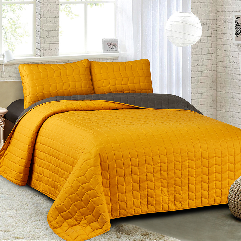 99,99% Polyester Solid Reversible Quilt Bed Cover 3-Pieces Set